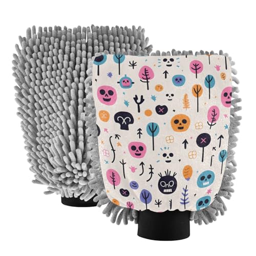 IOACIY Absorbent Microfiber Car Wash Drying Mitts, 2 Pack, Scratch-Free & Lint-Free, Rich Foam, Highly Absorbent, Double Sided, Wash Mitt Perfect for Car Washing, M, Cute Skull (1)