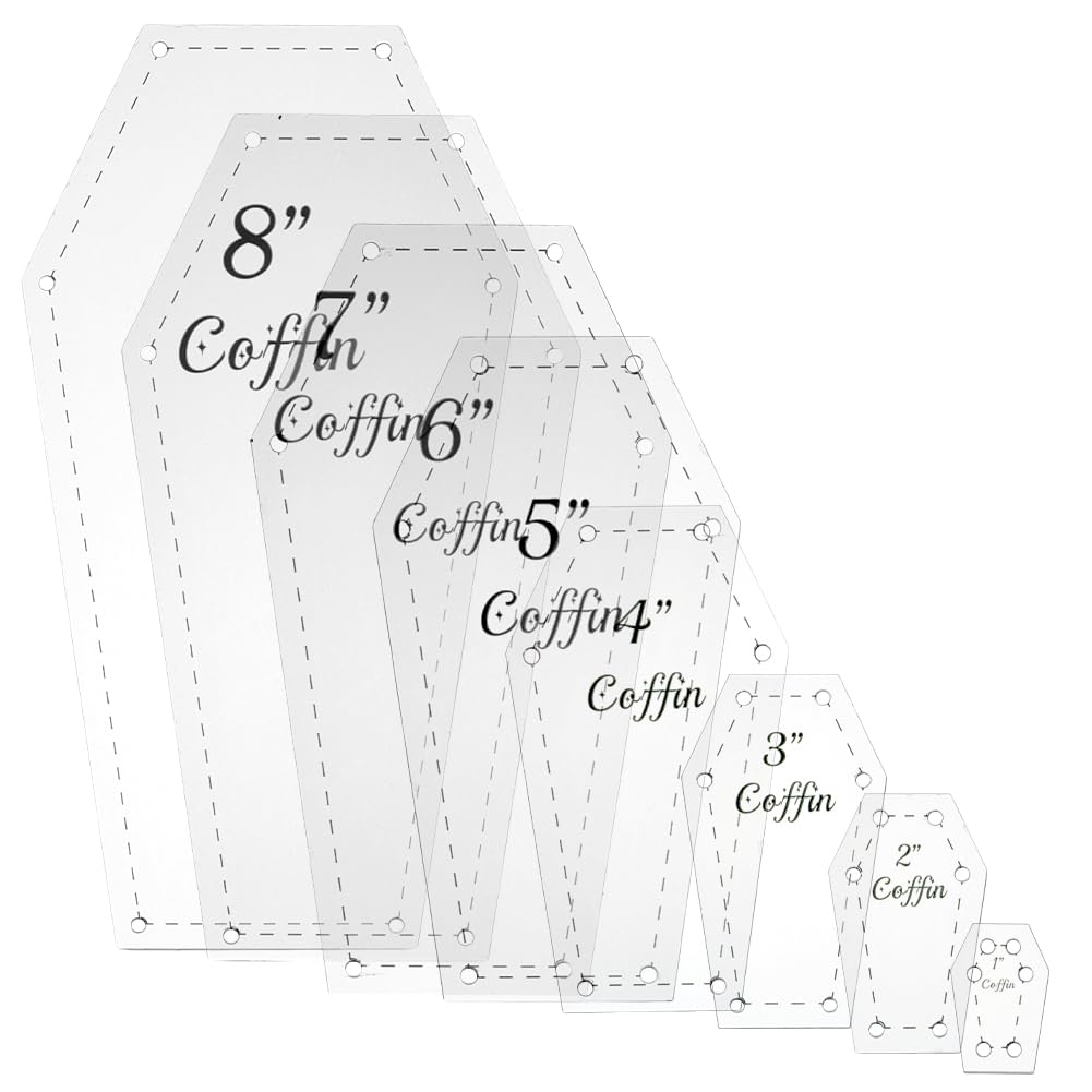 ORIGACH 8 Pcs Coffin Shaped Acrylic Quilting Templates Set, 1" to 8" Sizes Clear Sewing Stencils for Patchwork, Fabric Cutting, Applique, and DIY Crafts
