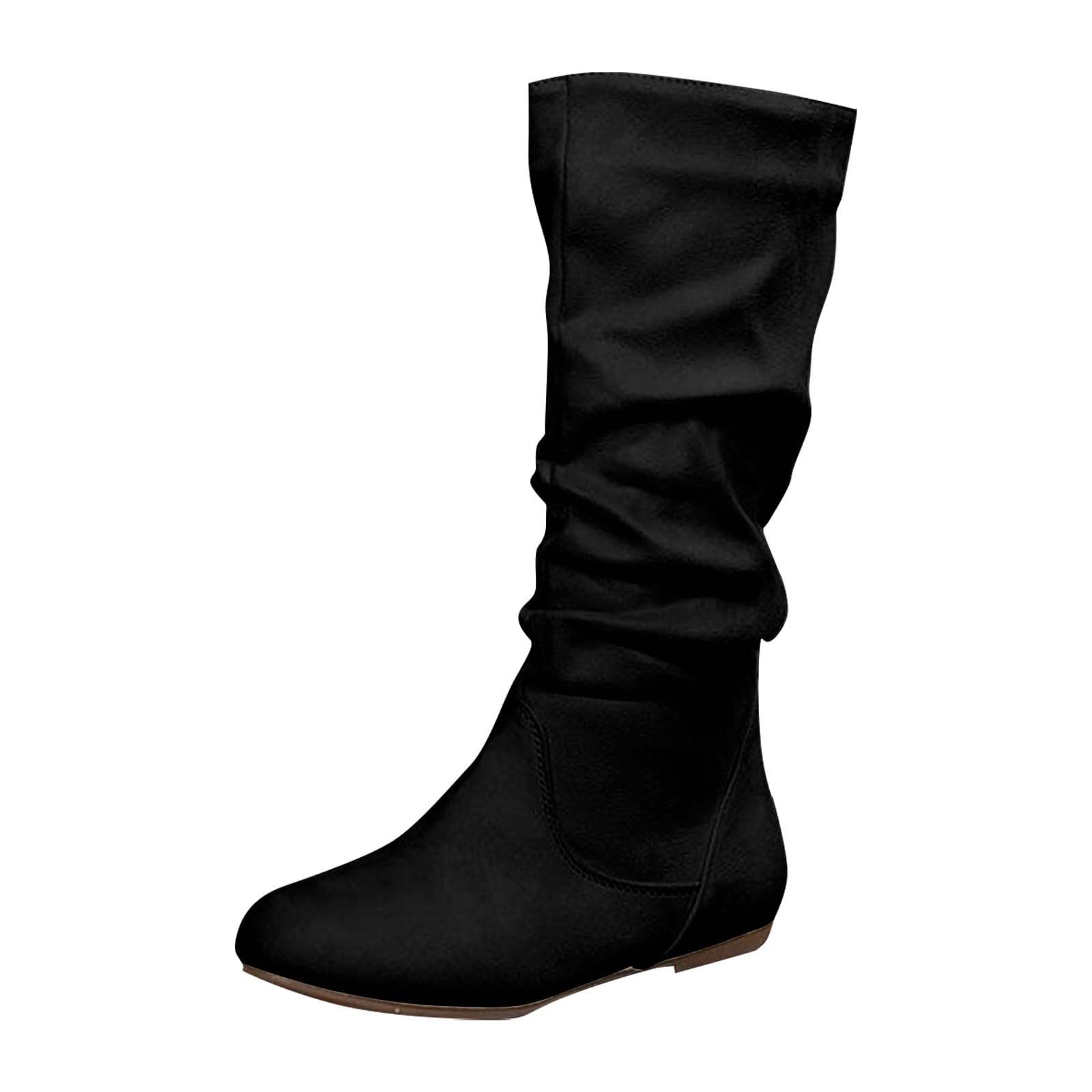 Wide Calf Flat Boots for Women Cowboy Mid Calf Slouch Stacked Bootie Side Zipper Round Toe Winter Comfortable