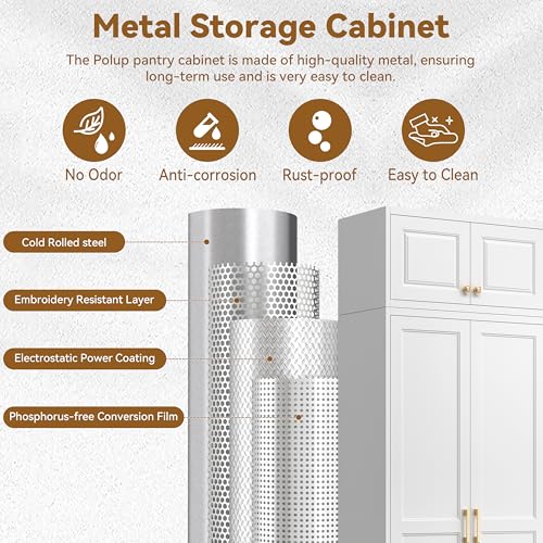 Image of Polup Kitchen Pantry Cabinet, 86 Inch Tall Metal Storage Cabinet, Food Pantry cabinets with Doors and Shelves, White Storage Cabinets for Living Room, Dining, Office, Bathroom, Assembly Required
