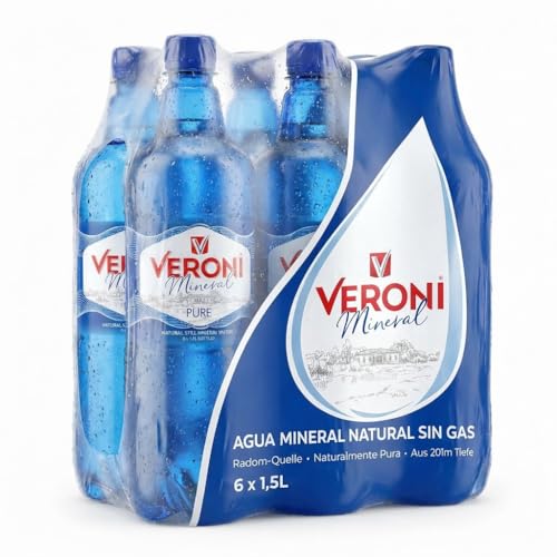 Agua mineral natural Veroni, 6 botellas de PET de 1,5 litros - Agua mineral procedente de un manantial a 201 metros de profundidad en Radom, Polonia.