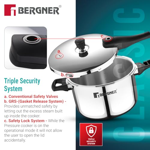 Image of Bergner Argent Elements Triply Stainless Steel 5.5 L Outer Lid Pressure Cooker, Healthy Cooking, Even Heat Distribution, Sturdy Handle, Easy Lock System, Safety Gasket - Induction and Gas Stove Ready