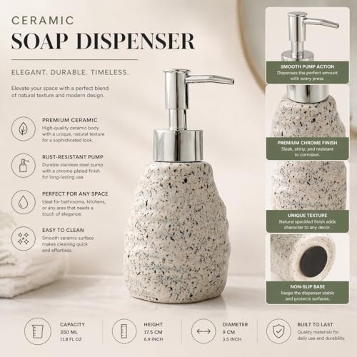 Image of Whizzo Premium Textured Ceramic Soap Dispenser for Bathroom & Kitchen | Refillable Lotion Dispenser with Chrome Pump | Modern Speckled Design | Durable, Stylish & Eco-Friendly (300ML, LD-214, White)