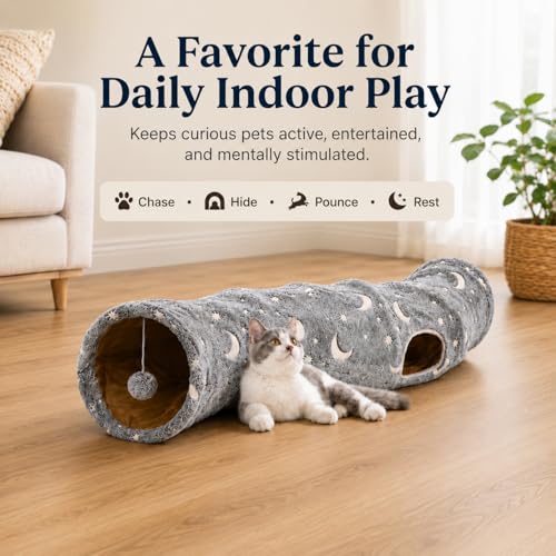 Image of Cat Tunnel Tube with Plush Ball Toys Collapsible Self-Luminous Photoluminescence, for Small Pets Bunny Rabbits, Kittens, Ferrets,Puppy and Dogs Grey Moon Star (S-Shape)
