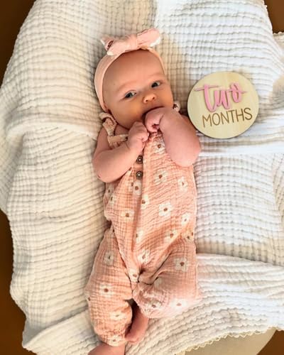 Image of Monthly Baby Milestone Cards for Girls - 13 Wooden 3D Milestone Discs with Hello World Birth Announcement Sign - Newborn Photo Props for Baby Girl