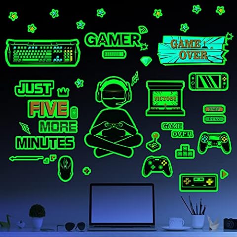 Glow in The Dark Game Wall Decal Video Game Room Decor Gaming Decals for Boys Room Wall Stickers for Kids Bedroom Sticker Home Playroom Decoration Cover