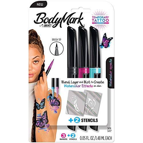 BodyMark by BIC, Temporary Tattoo Marker, Watercolor Inspiration, Skin Safe, Brush Tip, Assorted Colors, 3-Pack with Stencils