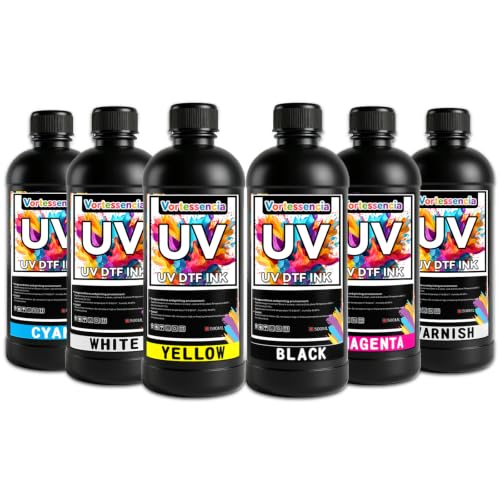Vortessencia UV DTF Ink 500ml x 6 for UV DTF Printer Compatible for Ep XP600 TX800 i1600 i3200 L805 1390 DX5 DX6 DX7 DX10-Printing on A B Films for Sticker Printers (CMYKWV)