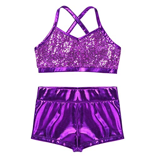 inlzdz Kids Girls Sequins Tankini Set Criss Cross Back Crop Top Tanks with Metallic Bottoms Gymnastics Workout Costume Purple 7-8