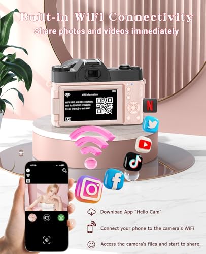 Image of FLATIC Cameras for Photography, 6K 64MP Digital Camera with WiFi & Microphone, Vlogging Camera with 64GB Card, 2 Batteries, Macro & Wide-Angle Lens, Card Reader (6K 64MP, Pink, Digital Zoom)