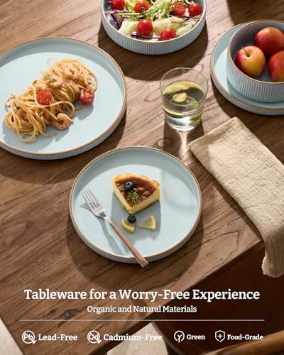 Image of Famiware Plates and Bowls Set with Rim, Stoneware Dinnerware Sets for 4 | 12-Piece Ceramic Dishes, Lipped Edges, Chip & Scratch Resistant, Microwave & Dishwasher Safe, Everyday Formal Use, Light Blue