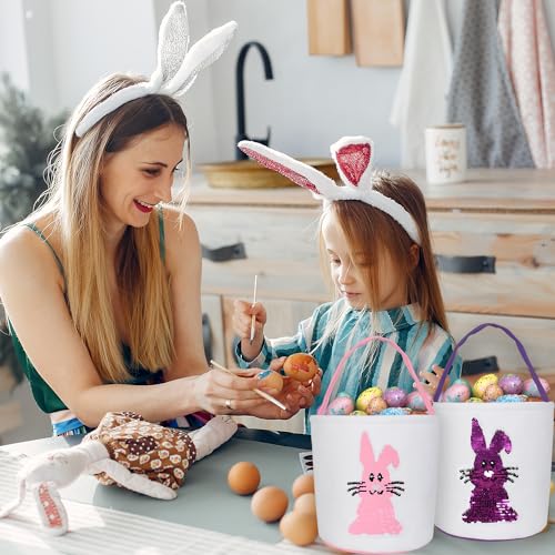Image of Huaerle 2 Pack Easter Bunny Basket Bags for Kids,Easter Bunny Basket Egg Bags, Easter Egg Hunt Basket with Handle,Canvas Fluffy Tails Rabbit Bags Buckets for Party Gifts(Pink+Purple)