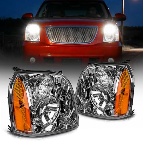 Torchbeam Headlights Assembly Compatible with 2007-2014 GMC Yukon/Yukon XL Pair Front Light for Yukon XL 2500 2007-2013 Headlamp Replacement Amber Reflector Chrome Housing Driver & Passenger Side