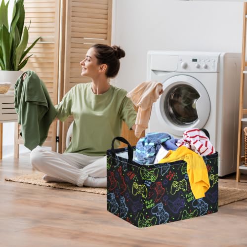 Image of MAIZMZ Game Controller Storage Bin, Waterproof Linen Laundry Basket with Handles for Game Room Bed, Gifts,Toys