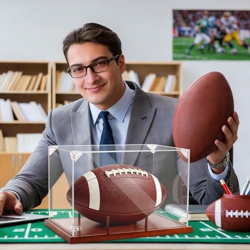 Image of Clear Acrylic Football Display Case with Wood Base & Tee, Memorabilia Stand Cube Holder, Dust Protection Transparent Storage Box for Single Ball Souvenir Football Collections