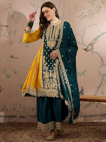 Image of Miss Ethnik Women's Yellow Chinon Stitched Top With Stitched Chinon Bottom and Chinon Dupatta Full Sleeve Embroidered Anarkali Kurta