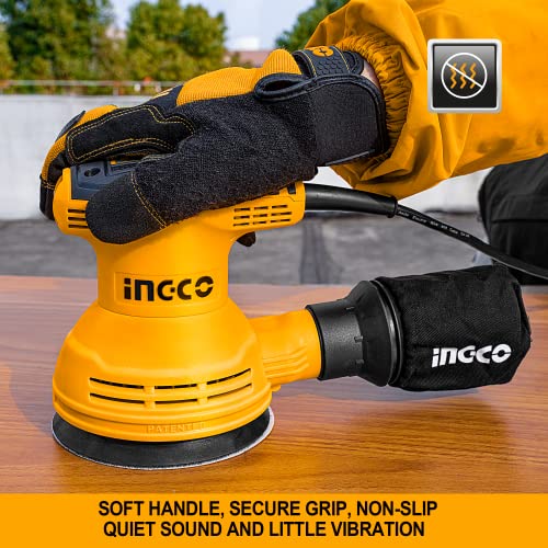 User operating the INGCO Rotary Sander, highlighting the soft handle and secure grip for low vibration.