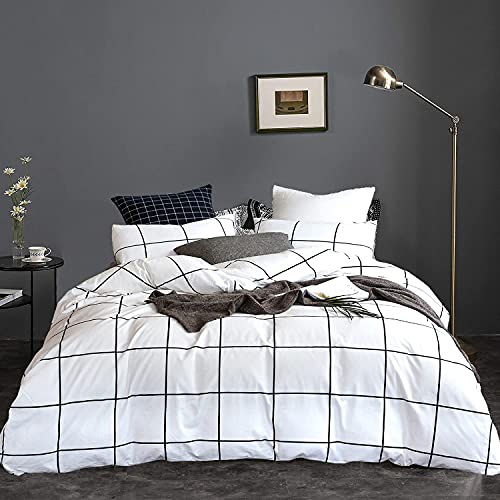 Image of KAREVER White Grid Comforter Set Big Grid Bedding Set Full White Black Plaid Printed Stripes Women Checkered Comforters Bedding Set Girls White Grid Bed Blanket Set White Plaid Full Comforter