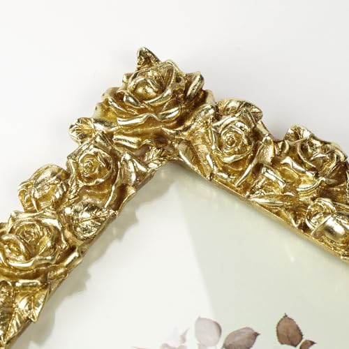 Vintage Gold 5x7 Picture Frame, Gold Ornate Rose Flower Resin Photo Frame with Glass Front for Tabletop, Antique Picture Frames Photo Gallery for Home Office Decor