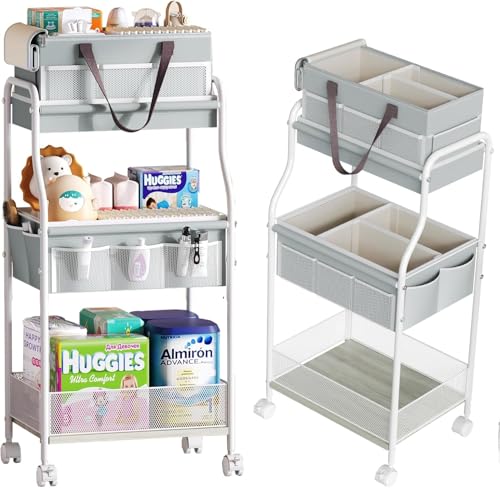 Image of 2In1 Baby Diaper Caddy & 3-Tier Rolling Diaper Cart, Diaper Caddy Organizer Cart with Dividers & 12 Pockets, Nursery Bedside Caddy Utility Cart for Baby Clothes & Dresser Baby Bottle,Baby Essential