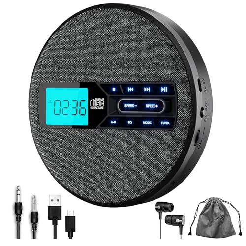 M-Amazup CD Player Portable, Rechargeable Portable CD Player with Dual Speakers and Anti Skip,CD,USB,AUX,LCD Display,Backlit Button,5 EQ,A-B Repeat,10 Speeds for Home Car Fabric, Black