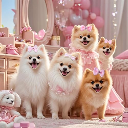 20 PCS Cute Dog Hair Bows with Rubber Bands Elastic Handmade Mix Style Lace Rhinestone Pearls for Furry Puppy Cat Pet Girl, Pink - Image 5