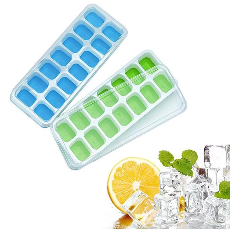 Image of ice Cube Tray with Lid - BPA Free Flexible Silicone Ice Maker Mold, Easy-Release 14-Cavity Ice Cube Trays for Freezer (Set of 2 - Blue & Green)