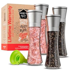 Home EC Original Stainless Steel Sea Salt and Pepper Grinder Set of 4 – Adjustable Ceramic – Tall Glass Salt and Pepper Shakers Mills – Modern Kitchen Spice Mill W/Funnel & EBook