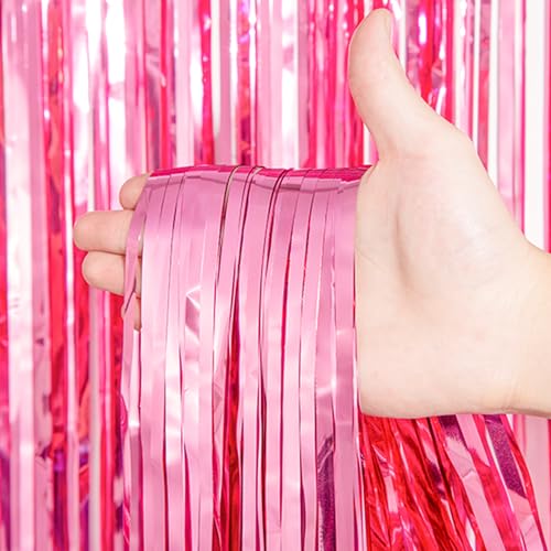 Image of Voircoloria 2 Pack Pink Tinsel Foil Fringe Curtains, Pink Party Decorations, Metallic Tinsel Party Streamers Backdrop for Birthday Baby Shower Graduation Wedding Bachelorette Party Decorations