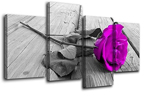 JiazuGo Purple Rose Wall Art Decor Black and White Grey Wooden Floral Canvas Artwork Painting with Flowers Posters for Living Room Office Decorations Stretched and Framed Ready to Hang
