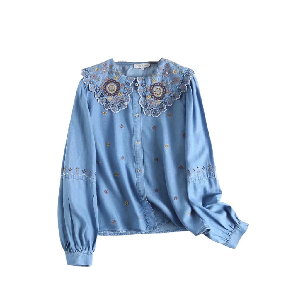 MIDJ Bluse Damen,Elegante Damen Jeanshemdbluse Langarmshirts Rüschen Blumenstickerei Pullover Tunika Business Jeanshemd Lässige Stehkragen Tops für Mädchen