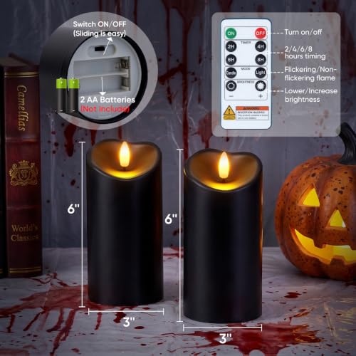 Image of Raycare 6 inchx3 inch Outdoor Waterproof Flameless Candles with Remote and Timer, Battery Operated LED Electric Fake Pillar Candle for Halloween Home Wedding Decor, Black, Set of 2