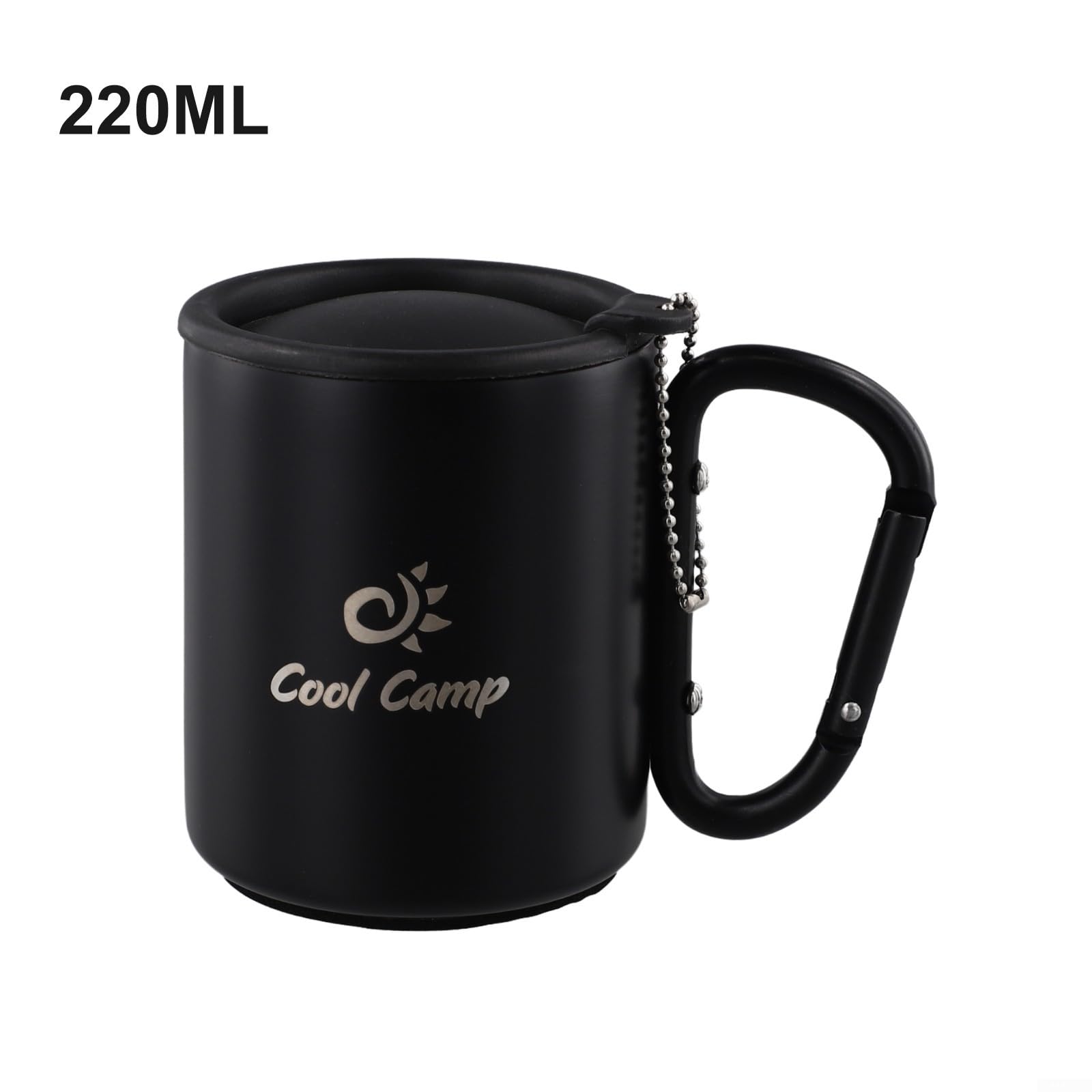 Double-Wall Stainless Steel Hiking Mug, Carabiner Handle Coffee Cup with Lid, Non-Slip Base for Outdoor Activities, 220ml/300ml Black(220ML)