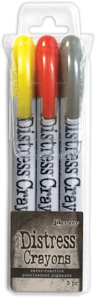 Tim Holtz Distress 2022 Pearlescent Crayons: Halloween Set #3 and #4 & Distress Halloween Woodgrain cardstock - Limited Edition - Three Item Bundle