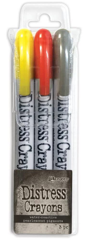 Tim Holtz Distress 2022 Pearlescent Crayons: Halloween Set #3 and #4 & Distress Halloween Woodgrain cardstock - Limited Edition - Three Item Bundle