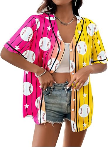 Image of Baseball Shirt Women Baseball Jersey Graphic Button Down Shirt Game Day Short Sleeve Tops