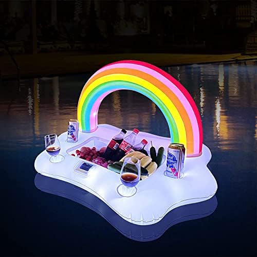 Tepoal Inflatable Rainbow Cloud Drink Holder with Lights, Solar Powered Floating Pool Serving Bar Glow at Night, Pool Drink Floats for Swimming Pool Party and Entertainment 1PCS