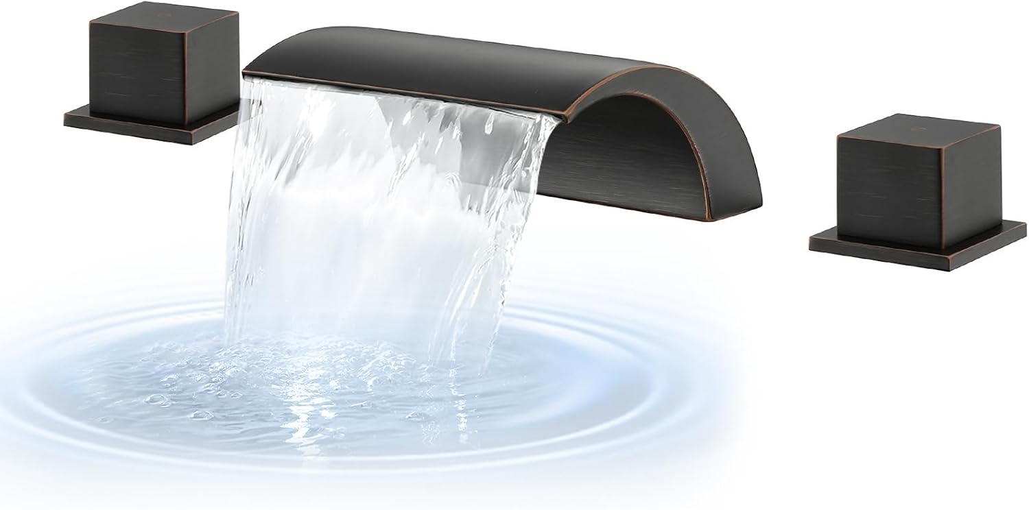 Deck Mount Roman Tub Faucet Set, Waterfall High Flow Bathtub Faucets, 12-15.7in Widespread, Deck Mount Tub Faucet with Valve, Brass 3 Holes, with 2 Handle Oil Rubbed Bronze