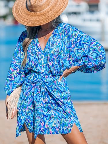 Image of CUPSHE Womens Vacation Mini Summer Dress V Neck Kimono Sleeve Belted Flowy Loose Resort Wear Casual Beach Cover Up Dress