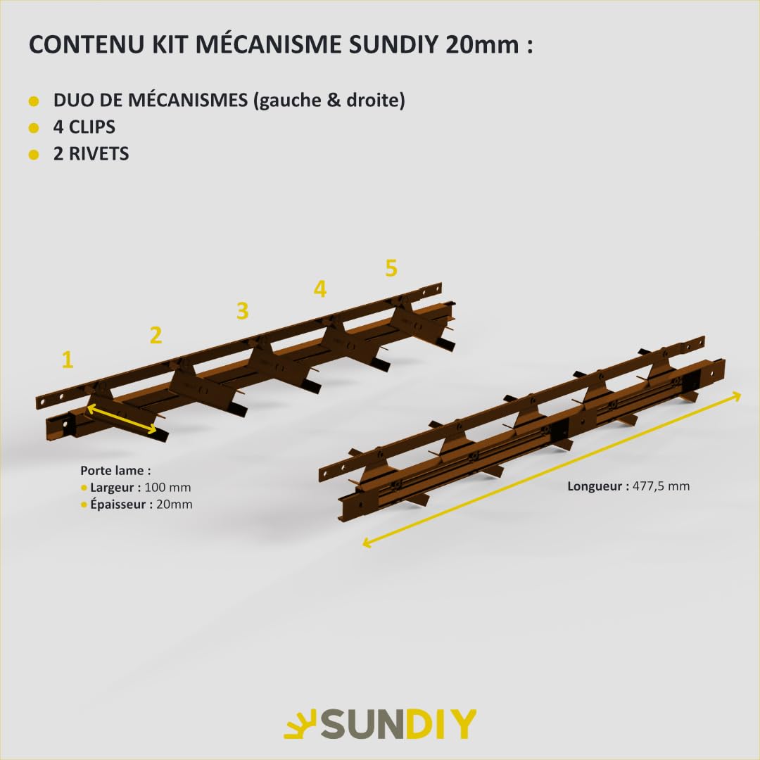 Kit Mécanisme - 100% ALU - pour Lames Orientables de 20 mm pour Brise-vue, Brise soleil, Persienne, Pergola - Installation DIY - Compatibilité lames alu et bois (MARRON (effet CORTEN))