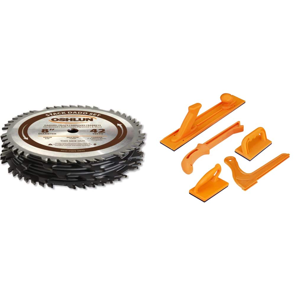 Oshlun 8-Inch 42 Tooth Stack Dado Set with 5/8-Inch Arbor and POWERTEC Push Block and Push Stick Set