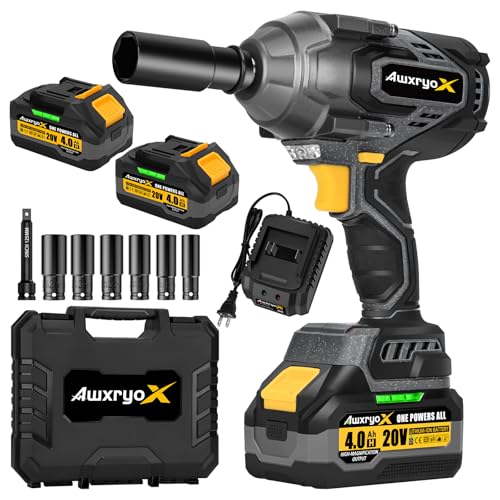 Image of AwxryoX 1700Nm Impact Wrench, 20V 1254Ft-lbs Brushless Impact Gun with 2x4.0Ah Battery, 1/2" High Torque Pistola De Impacto with 6 Socket, Electric Impact Llave Driver for Truck/Mower/Car/Industrial