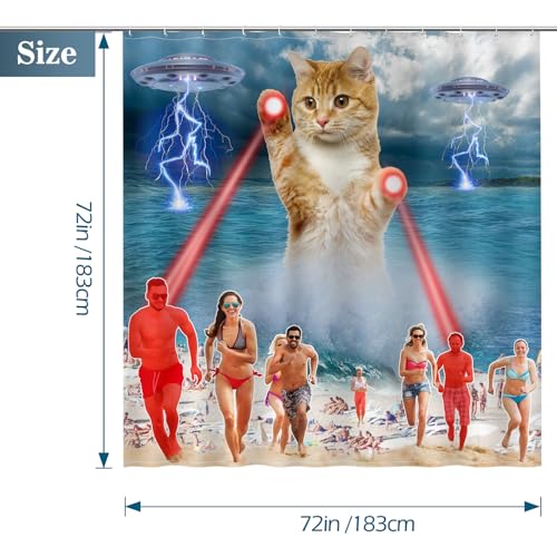 Image of Aimego Funny Cat Shower Curtains for Bathroom - Cute Cool Ocean Cat with Weird Adults Beach UFO Fun Bath Shower Curtain Set with 12 Hooks for Adults Kids Bathroom Decor Accessories, 72 inchx72 inch