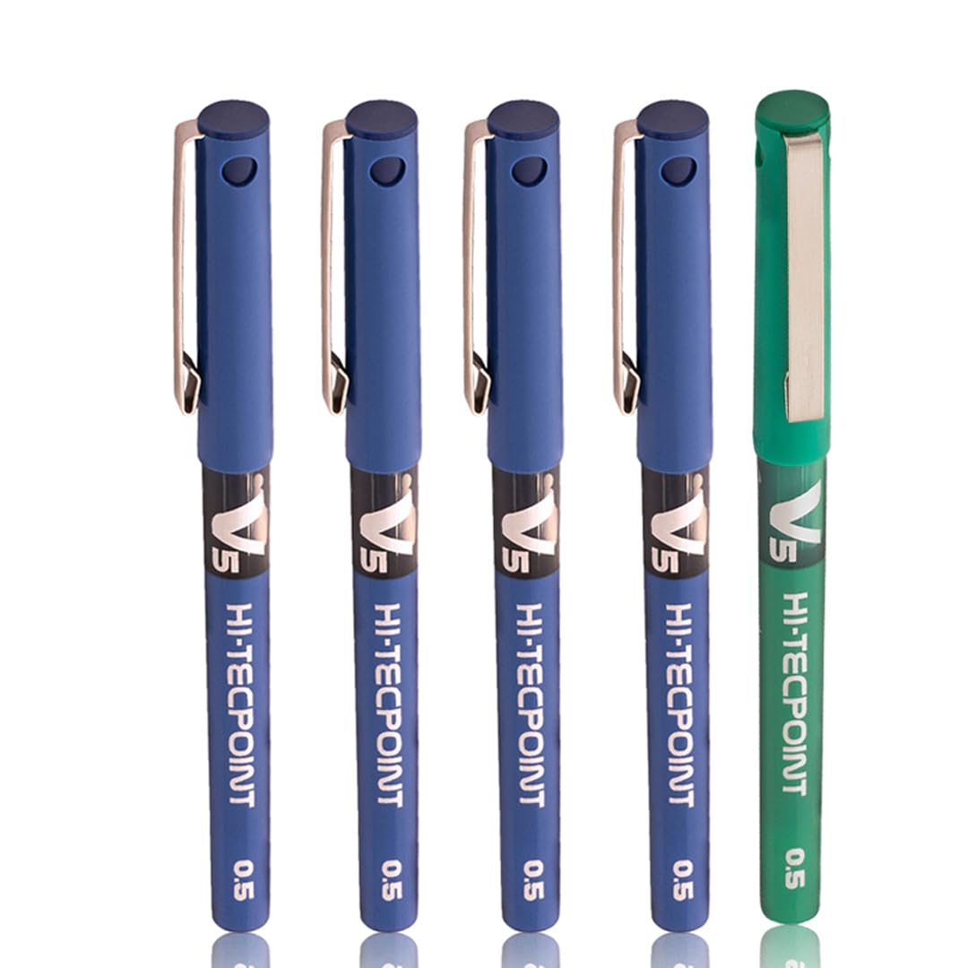 Hi-Tecpoint V5 0.5mm Extra Fine Point Pure Liquid Ink Roller Ball Pen | Pack Of 5 (4 Blue + 1 Red)
