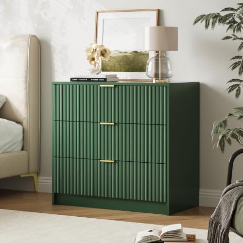 Image of Furniway 31.5 inch Large Nightstand with 3 Drawers, Fluted Bedside Table, Modern Tall End Table with Storage, Wood Night Stand Organizer Cabinet for Bedroom, Green