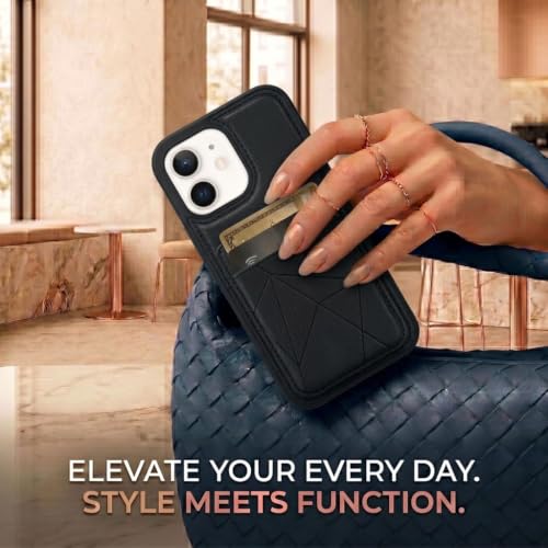 Image of amazon basics Premium Vegan Leather Back Cover with Card Holder and Integrated Mobile Stand for iPhone 11 - Slim Shockproof Wallet Case with Geometric Stitching [Black]