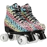 ZXM Damen-Rollschuhe, Klassische High-Top-Quad-Skates, Zweireihige Leopard-Outdoor-Skate-Schuhe für Mädchen, Anfänger, Jungen, Männer (Color : White Wheel, Size : 35 EU)