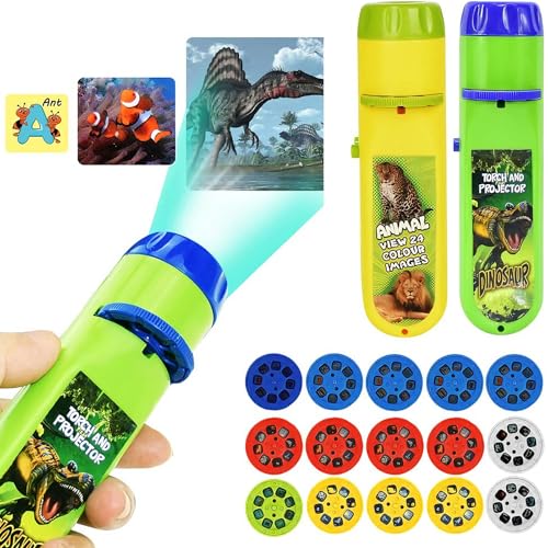 HahaGo Torch Projector Projection Lighting Story Torches Light Toy Slide Lamp Educational Learning Bedtime Night Light for Children (120 Images, 5 Themes, Dinosaur+Ocean+Animal+Outer Space+Letters)