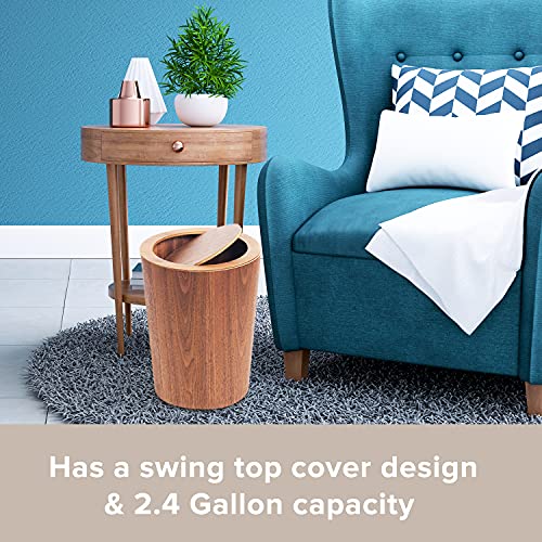 Image of Modern Round Trash Can with Lid - Wood Grain Waste Basket in Walnut - 9.25 inchx7.5 inchx11.8 inch Swing Top Small Trash Can - Decorative Small Garbage Can for Bedroom, Living Room, Office & Bathroom