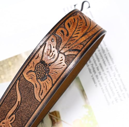 VERENIX Brown Western Cowboy Leather Belt for Men & Women, Vintage Turquoise Rivet Buckle, Large3